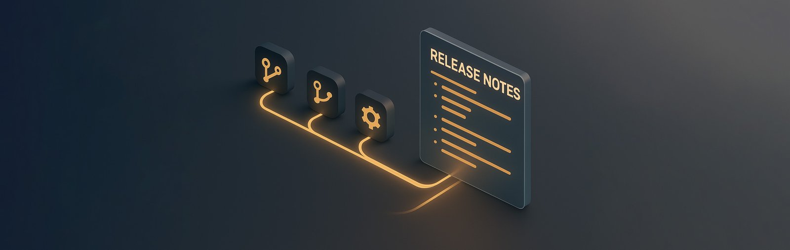 Isometric 3D illustration of a software workflow, with glowing golden-orange lines connecting icons for branching and gears, leading to a highlighted 'Release Notes' panel on a dark grey background with sandstone accents.